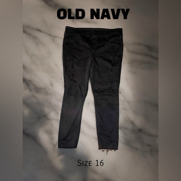 OLD NAVY - 16 Black Mid Rise Rockstar Super Skinny Distressed Jeggings - Picture 1 of 2